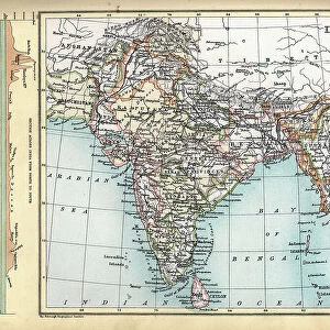Old Antique map of Indian Empire, British Raj, with cross section north to south, 1890s, 19th Century