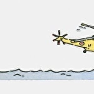 Sequence of illustrations showing helicopter rescuing person from sinking boat