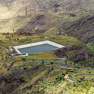 View of the valley with a reservoir, Alojera, La Gomera, Canary Islands, Spain