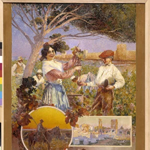 Aigues Mortes (Aigues-Mortes), Arles, the Camargue: a young woman shows a beautiful bunch of grapes she has just picked from a vineyard. David Dellepiane (1866-1932), pointillism
