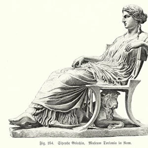 Ancient Greek statue of a seated woman (engraving)