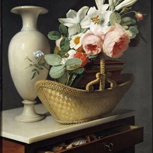 Bouquet of lilies and roses in a basket placed on a rag Painting by Antoine Berjon