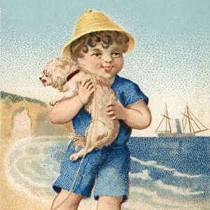 Boy with dog on beach (chromolitho)