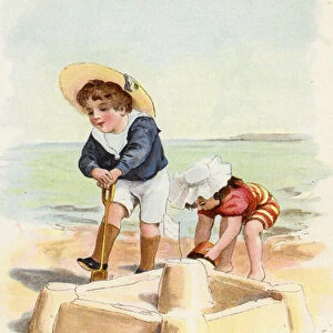 Boy and girl building sand castles (chromolitho)