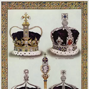 British royal crowns and sceptre (colour litho)