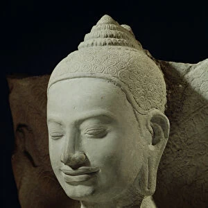 Buddha in Meditation on the Naga King, Mucilinda, detail of Buddhas head, from Preah Khan