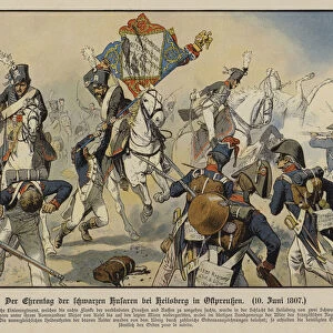 The charge of the Black Hussars at the Battle of Heilsberg, East Prussia, 10 June 1807 (colour litho)
