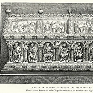 Chasse En Vermeil Contenant Les Ossements De Charlemagne, Conservee au Tresor d Aix-la-Chapelle, orfevrerie du treizieme siecle (engraving)