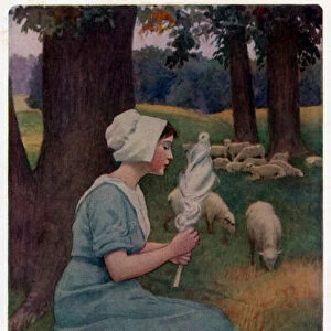 Chaucers Canterbury Tales: "Tending her flocks and spinning busily at the same time"(colour litho)