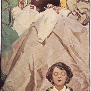 A child seated with women sewing, from A Childs Garden of Verses by Robert Louis Stevenson, published 1885 (colour litho)