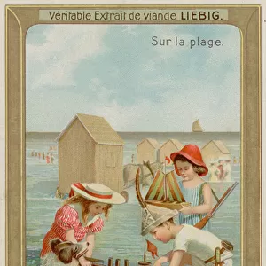 Children Playing with Toy Boats and a Dog (chromolitho)