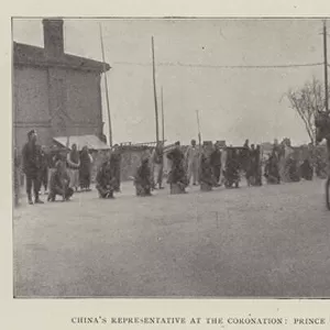 Chinas Representative at the Coronation, Prince Tsai Chen, escorted by Royal Horse Artillery, leaving Shanghai (b / w photo)