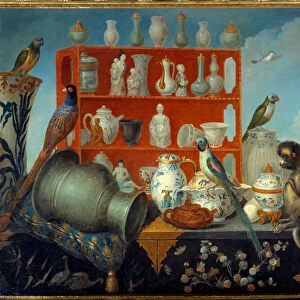 Chinoiserie en trompe l oeil. Still life with porcelain dishes, monkey and birds
