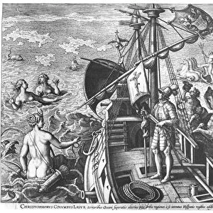 Christopher Columbus (1451-1506) on board his caravel, discovering America (engraving)