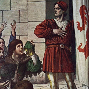 Ciompi revolt in Florence: the heros and wool worker (arte della lana) Michele di Lando in July 1378 representative of the small people is greeted by the crowd"(Revolt of the Ciompi)
