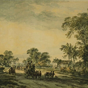 A Coach and Figures on an Open Country Road, (pencil, pen and grey ink and watercolour)