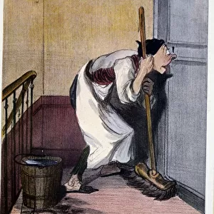 Concierge looking through a keyhole - drawing by Daumier, n. d. 19th