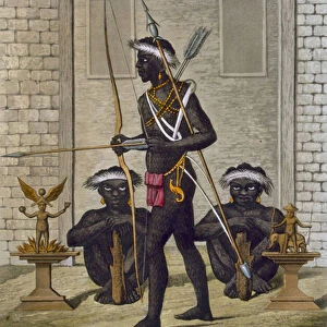 Congo tribesmen and fetish figures guard the palace of the Saba or sovereign, c