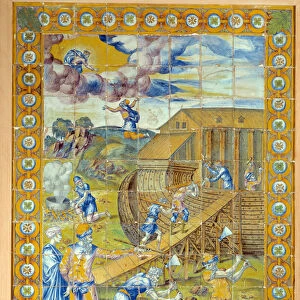 The construction of Noes Ark. Left panel of the triptych representing 3 episodes of