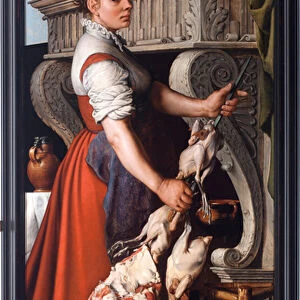 The cooker (The cooker) Young woman embroidering poultry on a fireplace spit - Painting