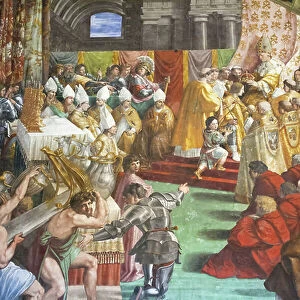 The coronation of Charlemagne, 1511, Raphael, fresco, room of the fire in the borgo, Raphael's rooms, vatican museums, Rome, Italy