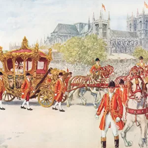 The coronation coach turns on to the Embankment (colour litho)