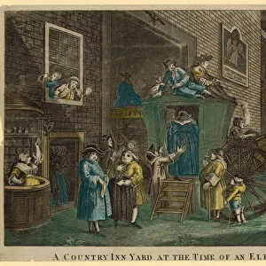 A Country Inn Yard at the Time of an Election (coloured engraving)