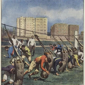 A curious form of training in the game of rugby (colour litho)