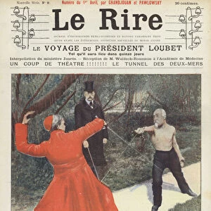 Duel between French Prime Minister Emile Combes and a cardinal. Illustration for Le Rire (colour litho)