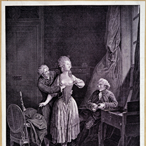 The essay of the corset (two men and one woman with stripped breasts) - 18th engraving