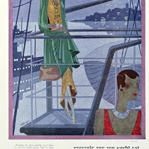 Fashion design for an evening dress by the House of Callot Soeurs for reception on a yacht in Cannes, 1928 (colour litho)