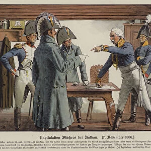 Field Marshal Blucher surrendering to the French at Katekau, 7 November 1806 (colour litho)