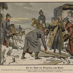 Fleeing the French, the seriously ill Queen Louise of Prussia making a stop at a farmhouse on the road from Konigsberg to Memel, 1 January 1807 (colour litho)