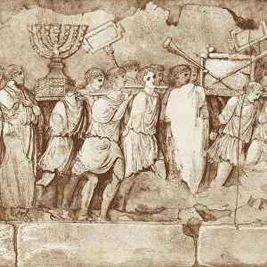 Part of a frieze on the Arch of Titus in Rome, showing Jewish prisoners carrying artefacts from Jerusalem (litho)