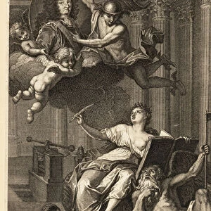 Frontispiece copperplate engraving by Charles Simonneau l aine after a drawing by Charles-Antoine Coypel from C