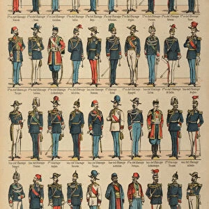 General staff officers and uniforms of armies from around the world (coloured engraving)