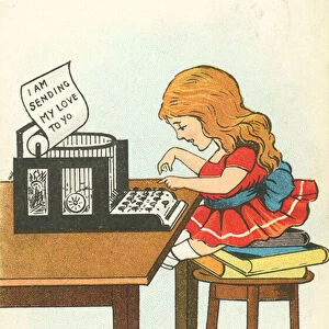 Girl typing a message to someone she loves (colour litho)