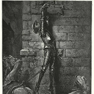 Gustave Dores Don Quixote: "He had inevitably fallen to the ground, had not his wrist been securely fastened to the rope"(engraving)