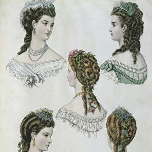 Hairstyles, illustration from La Mode illustree, 1860 (colour engraving)