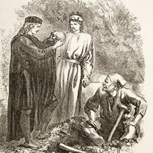 Hamlet holds the skull of Yorick, illustration of Act V, Scene I in Hamlet