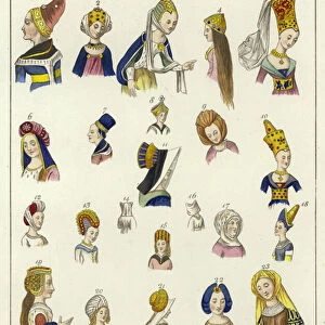 Headdresses of the 15th and 16th Centuries (coloured engraving)