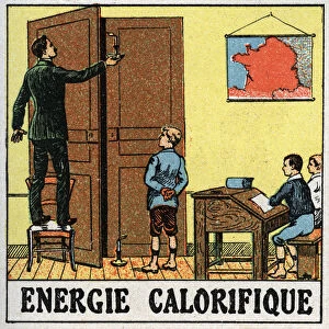 Heat energy: a teacher in a classroom holds a candle near an open door