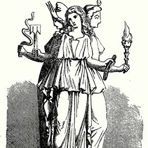 Hecate, goddess of witchraft, magic, ghosts, necromancy and crossroads in Greek mythology (engraving)
