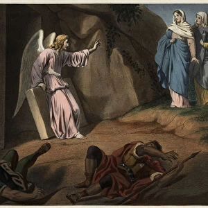 Holy women visiting Christ at the tomb. Anonymous engraving of the 19th century