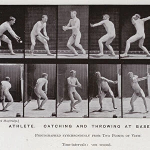 The Human Figure in Motion: Athlete, catching and throwing at baseball (b / w photo)