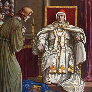 Inauguration quarrel, penitence of Canossa: In Canossa, the Emperor Henry IV of the Holy Roman Empire (1050-1106) in penitent dress implores the forgiveness of Pope Gregoire VII (Hildebrand)