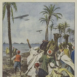 The Italian Tripolitania, the first flights of military airplanes to Tripoli between the deep... (colour litho)