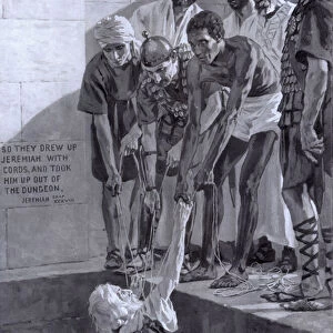 Jeremiah being drawn up out of the well into which he was cast by the advice of the Princes of King Zedekiah (litho)