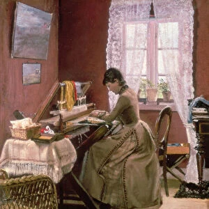 Johanne Wilde, the artists wife, at her loom