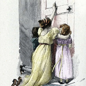 Josephine de Beauharnais crying with her children Hortense and Eugene at the door of the room of Napoleon Bonaparte (1769-1821) refusing to open him after learning extramarital adventures during his stay in Egypt